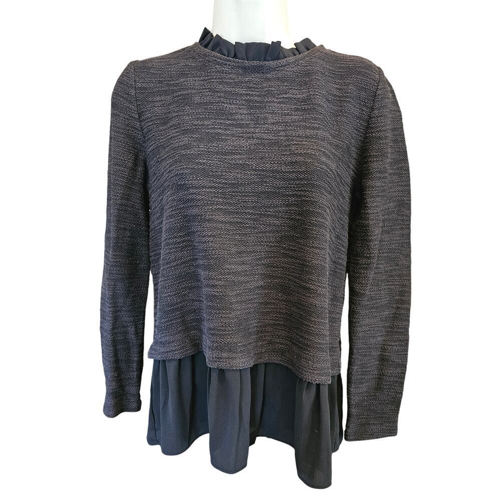 LOFT Womens Ruffled Trim Sweater Black boucle mixed media Pullover XS whimsigoth